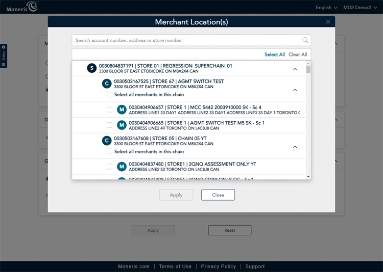 The Merchant Location(s) popup is used to select accounts on which to report.