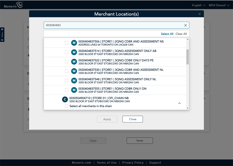 To search all accounts in the Merchant Location(s) popup, click the Select All option in the top right corner of the popup. 
