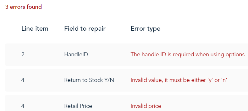 List of errors found