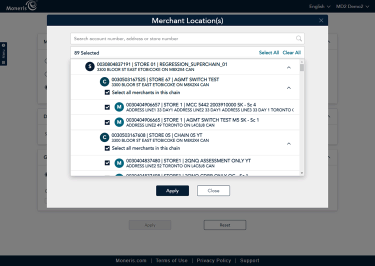 Click the Select All option in the top right corner of the Merchant Location(s) popup to select all accounts associated with the merchant.