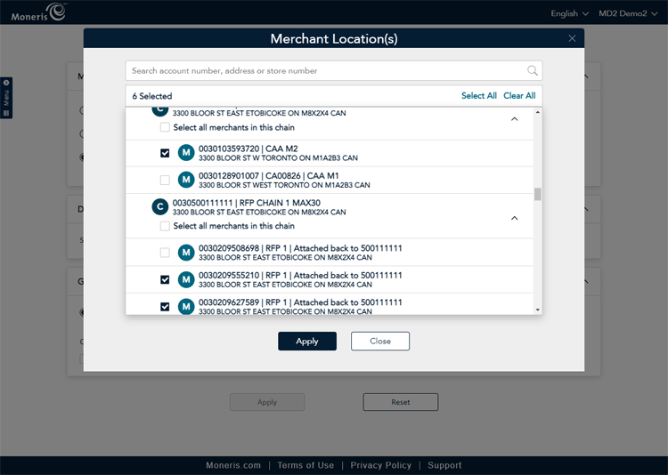 Placing checkmarks beside individual accounts in the Merchant Location(s) popup.