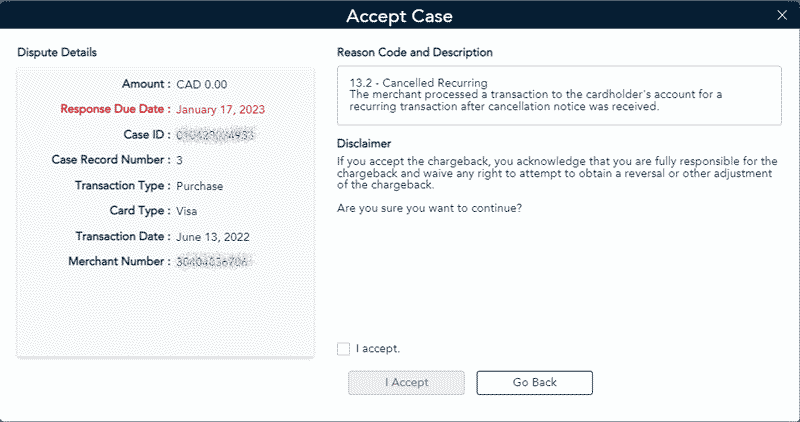 Accept Case Screen displays the the disclaimer statement.