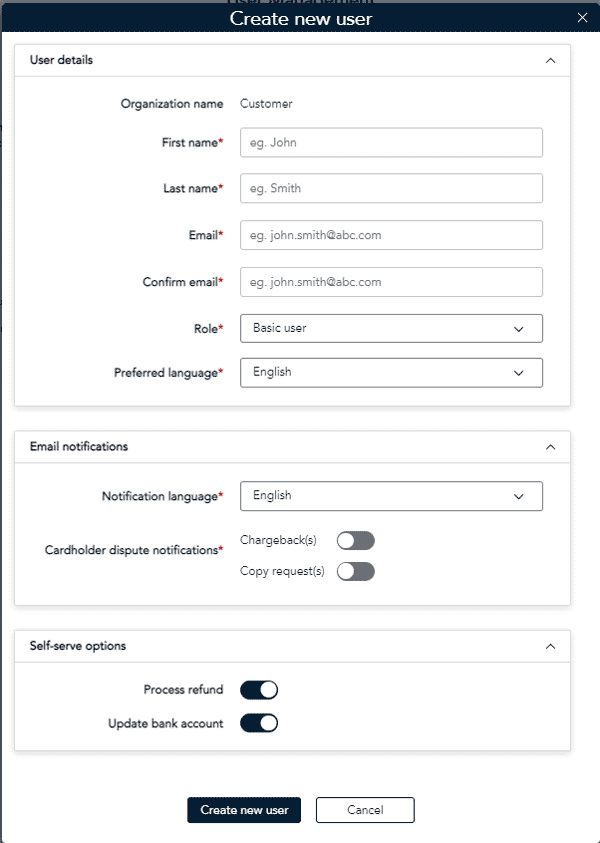 Create new user screen enables you to enter information in the fields.