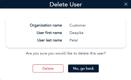 Delete User popup allows you to delete the customer user profile.  Choose between "Delete" or "No, Go back".