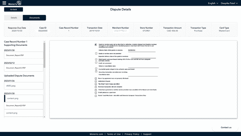 Documents Section displays all the supporting and dispute documents.