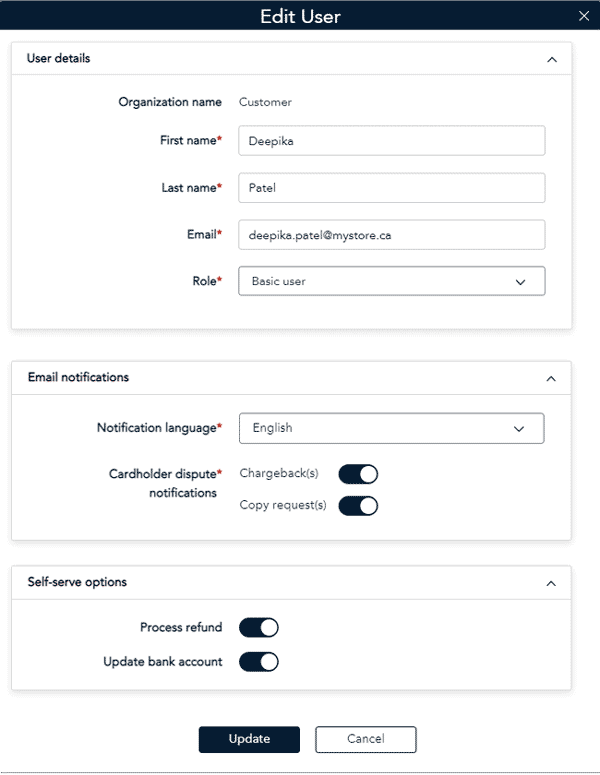 Edit User popup enables you to edit information (first name, last name, email, choose role, choose notification language, cardholder dispute notifications (toggle for chargeback(s) and copy request(s), process refund and update bank account).