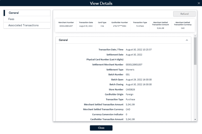 The Refund Button is disabled on the View Details screen of the selected transaction.