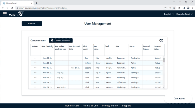 User Management page shows a view of all users you have created. 