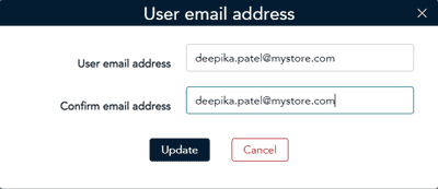 Update email address popup enables you to edit an existing email that was already created.