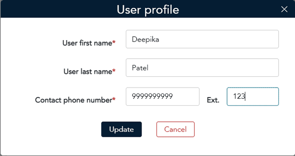 User profile popup allows you to enter you first name, last name, contact phone number and extension.