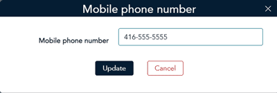 Update mobile phone number popup allows you to enter a phone number.