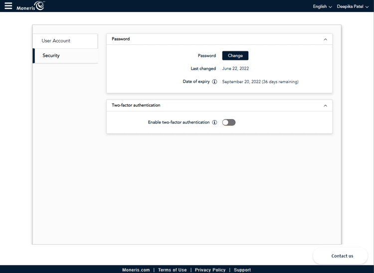 Security screen allows you to change your password and turn on the two-factor authentication.