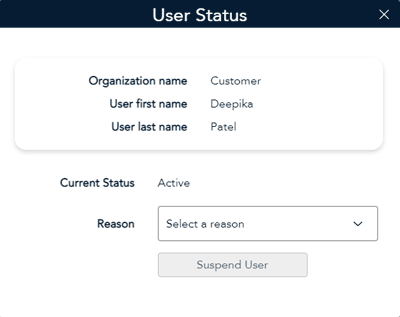 Update status enables you to suspend the user for three reasons: suspicious activity, employee leave or other.