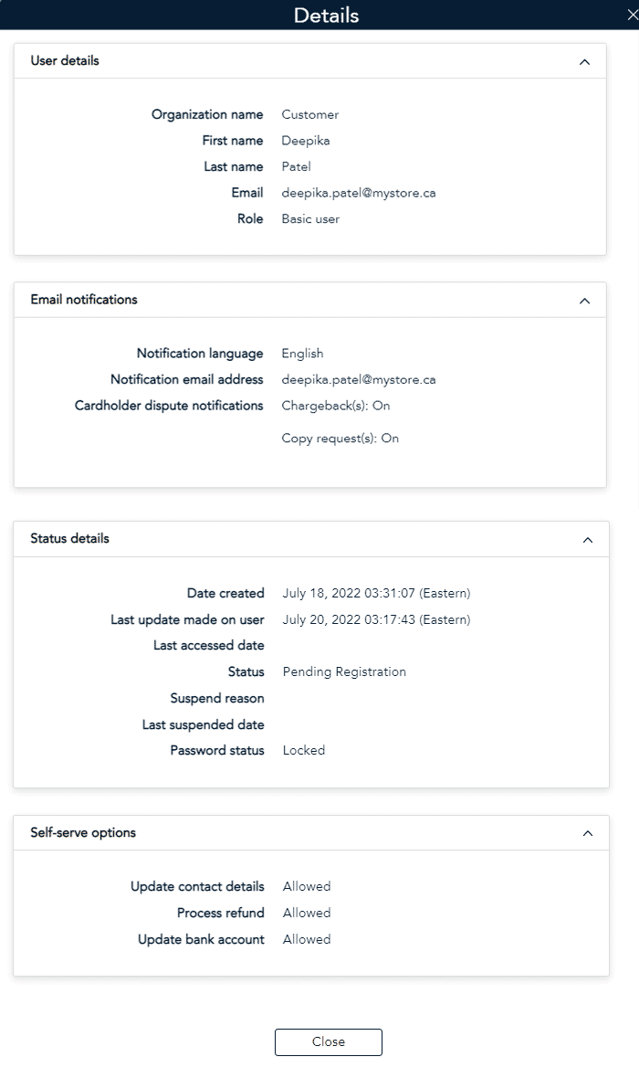 Details screen enables you to view the customer user profile.