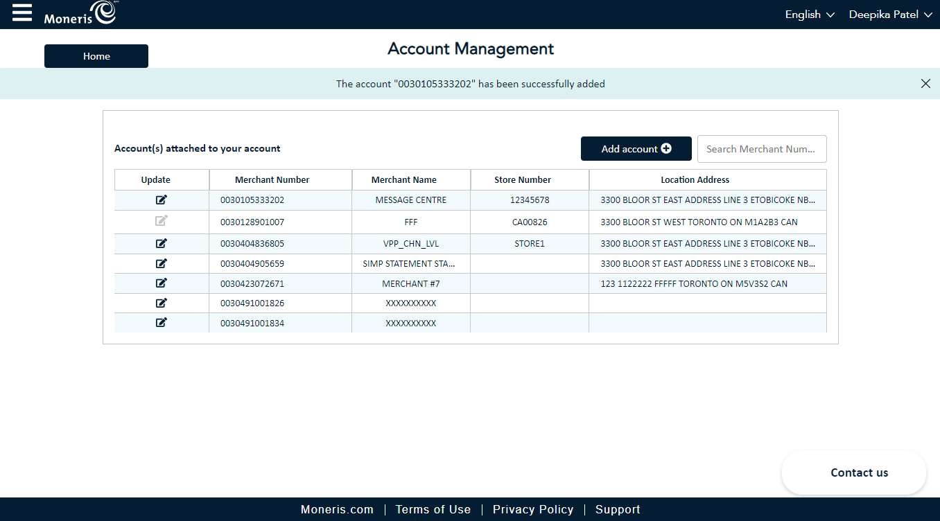 Account Management Success Screen displays the newly entered account and successful message.