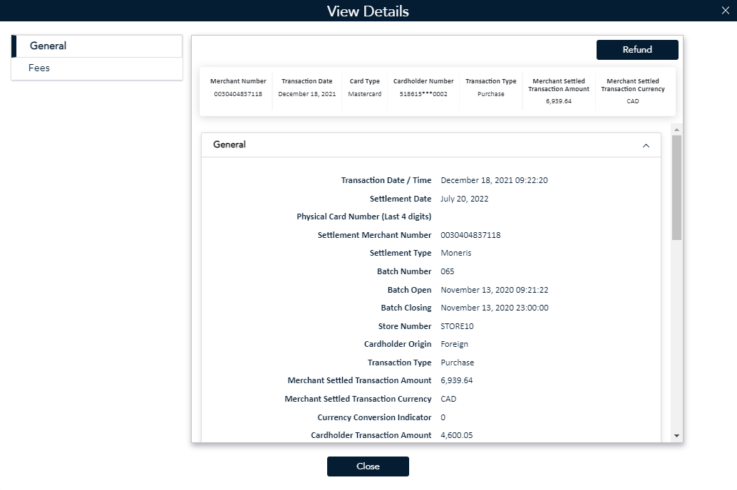 View Details screen displays of the selected transaction