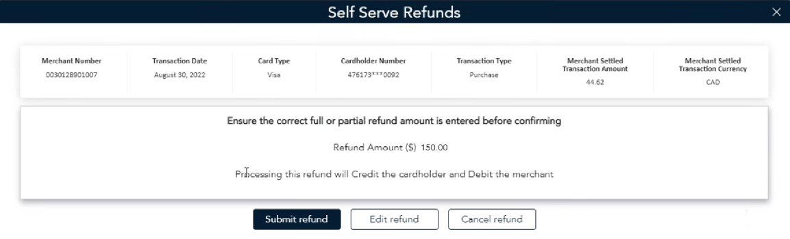 Self Serve Refunds popup to Cancel the refund process.