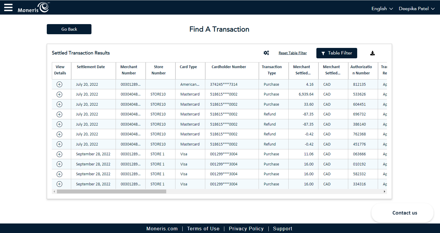 Find A Transaction Results screen displays the list of transactions that match your criteria.