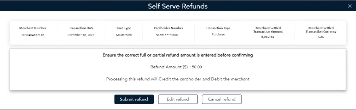 Self Serve Refunds popup 2 confirms the refund process is ready to submit.