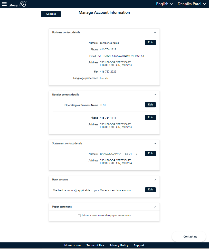 Manage Account Information Screen displays information about your account.