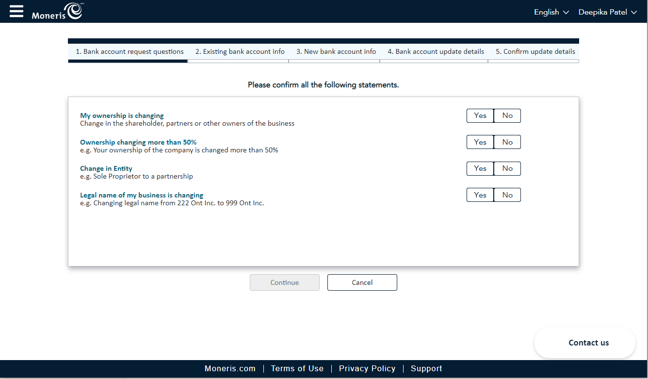 Bank account request questions screen with four statements.