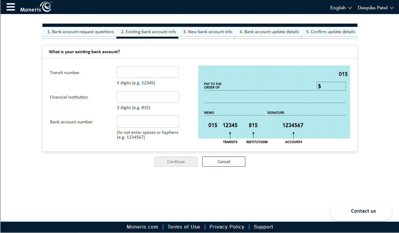 Existing bank account info screen requires you to enter existing bank information.