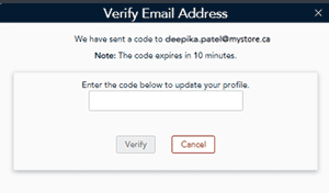 Verify email address popup appears to enter the verification code that was sent to the email address.