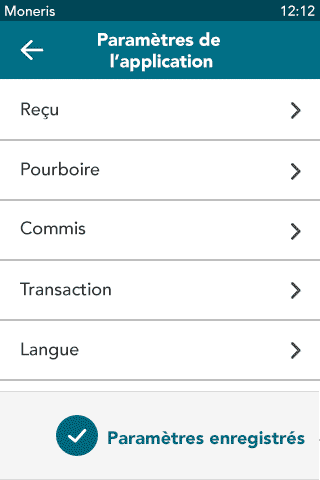 Menu paramètres de l'application