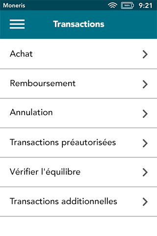 Menu de transactions